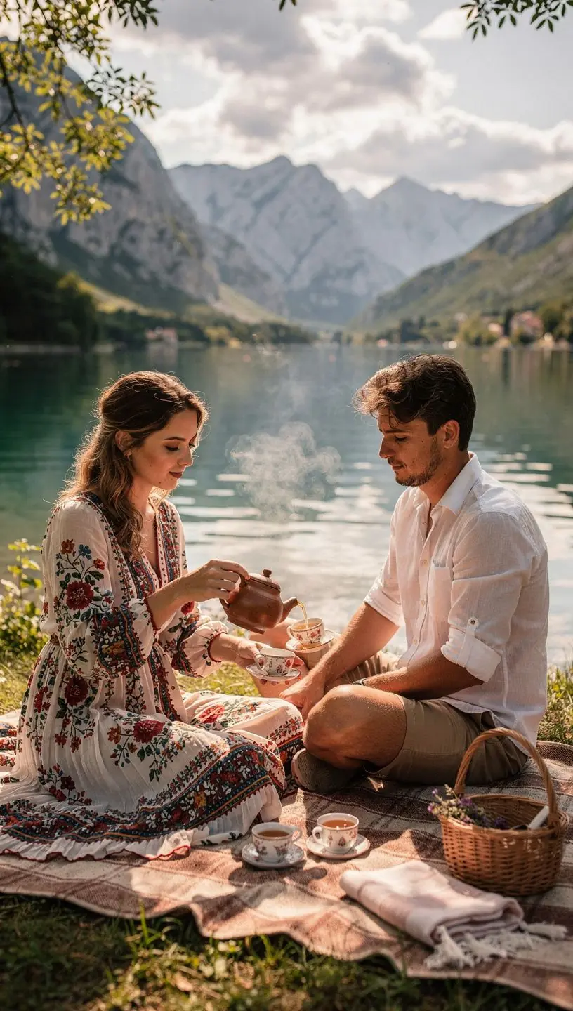 Čajna ceremonija s prijateljima, poslužena na tradicionalnom hrvatskom platnu.